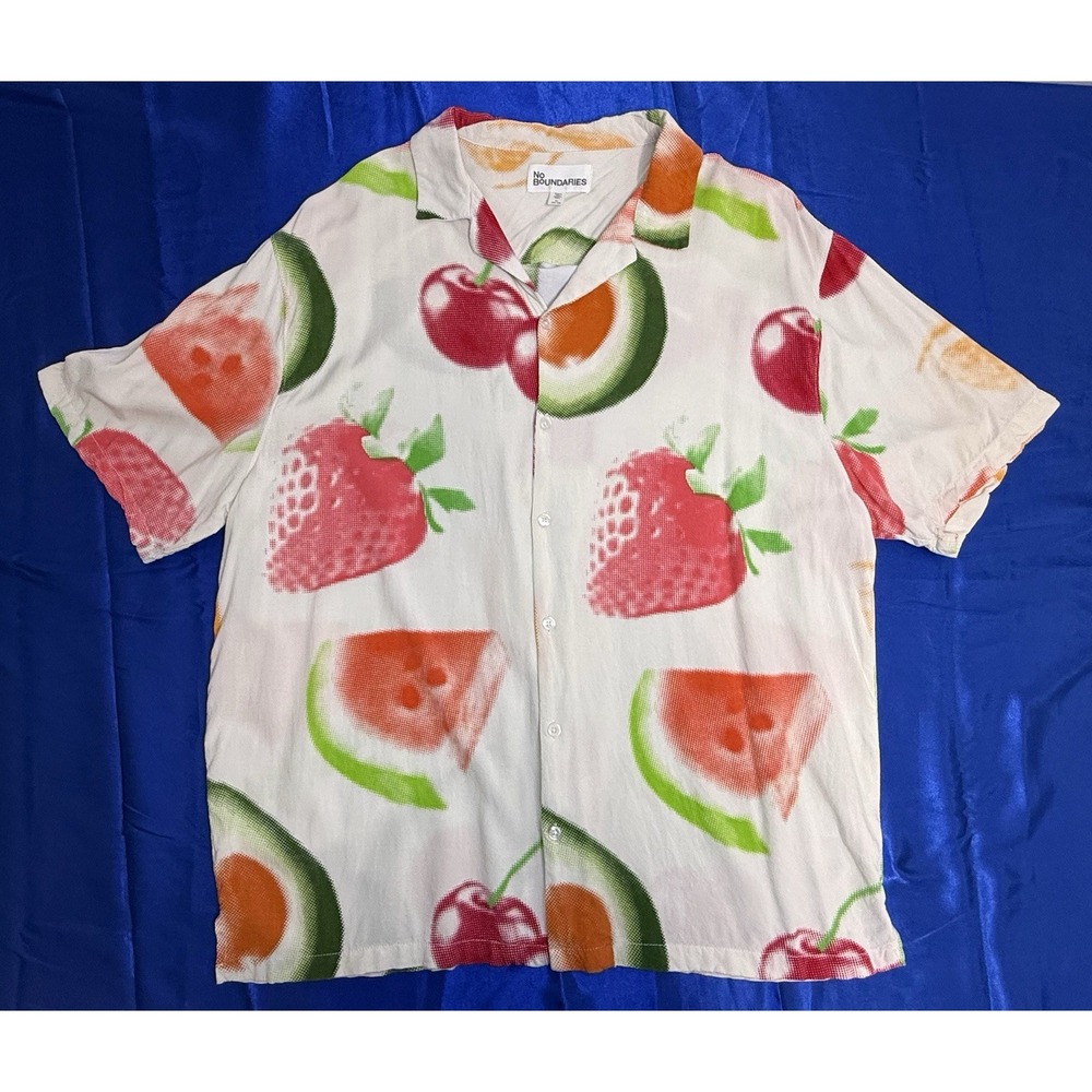 No Boundaries Men's XL Fruit-Print Button-Up Shirt Cream, Green and Pink Accents